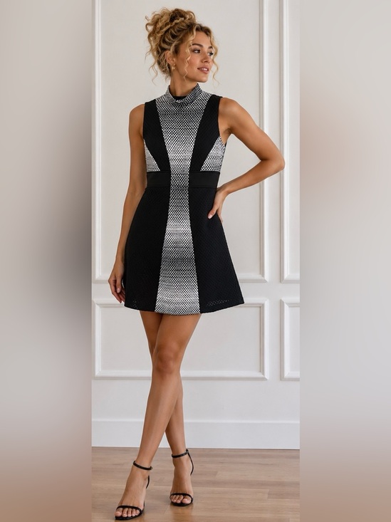 ANTONIO MELANI Dresses & Skirts - Antonio Melani Geometric Fit & Flare Dress – Size 4 Monochrome Quiet Luxury